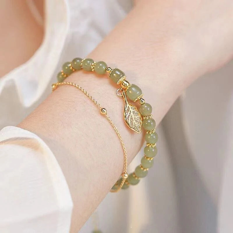 2026Chinese Style Green Jade Bracelet For Women Exquisite Gold Color Leaves Wrist Strap Bangle Double Chain Bracelet Girls Gifts