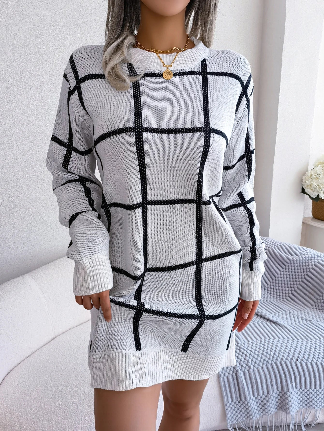 Women Casual Plaid Long Sleeve Knitted Sweater Dress 2026 Autumn Winter Clothes Without The Belt
