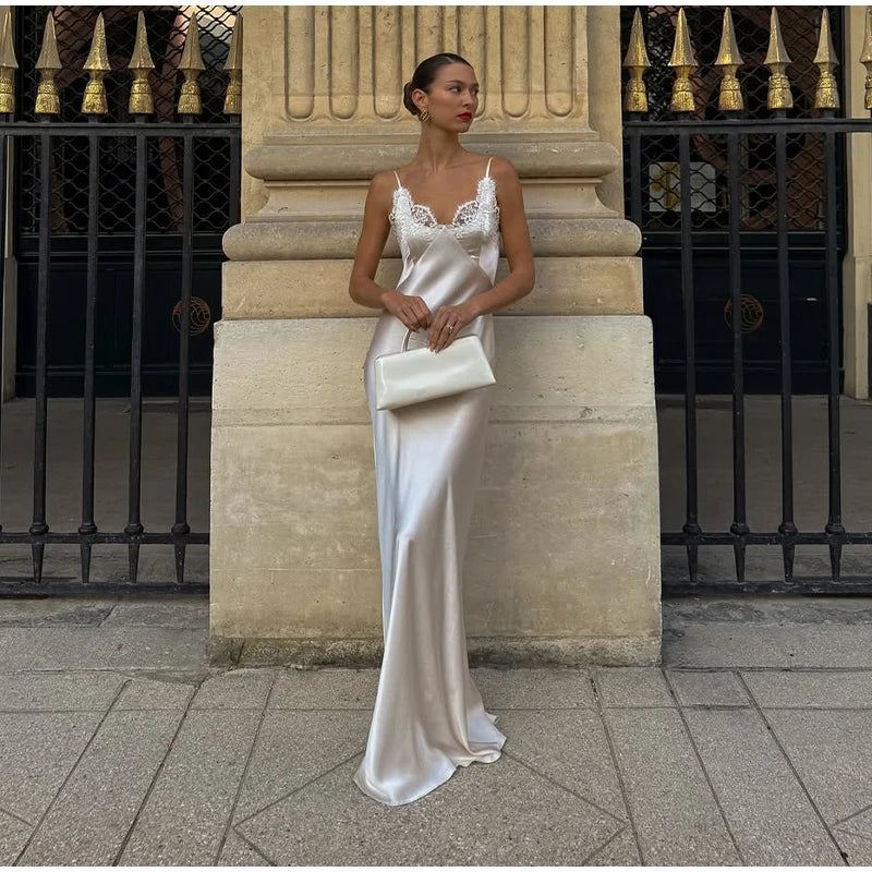 Sexy Satin Sling Maxi Dress Women V-neck Lace Patchwork Sleeveless Backless Slim Dresses 2026 Lady Chic Vacation White Robe