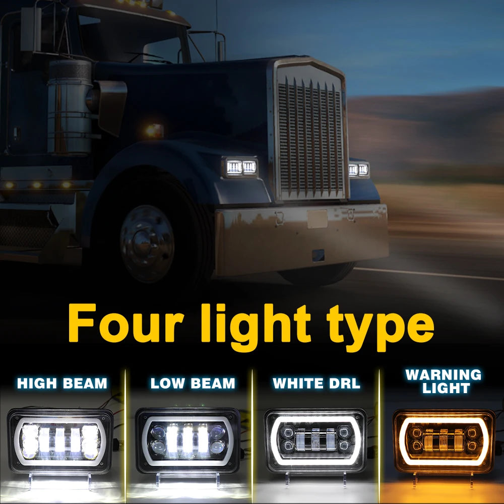 HL 4X6inch Black Square LED Headlight 2Color DRL LED Driving Light For Honda Offroad Trucks Accessories Rectangular Light 12V