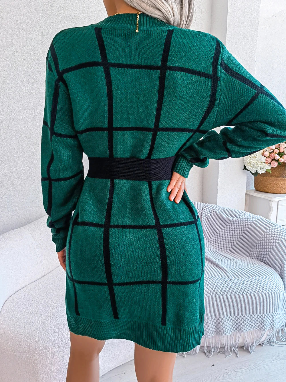 Women Casual Plaid Long Sleeve Knitted Sweater Dress 2026 Autumn Winter Clothes Without The Belt