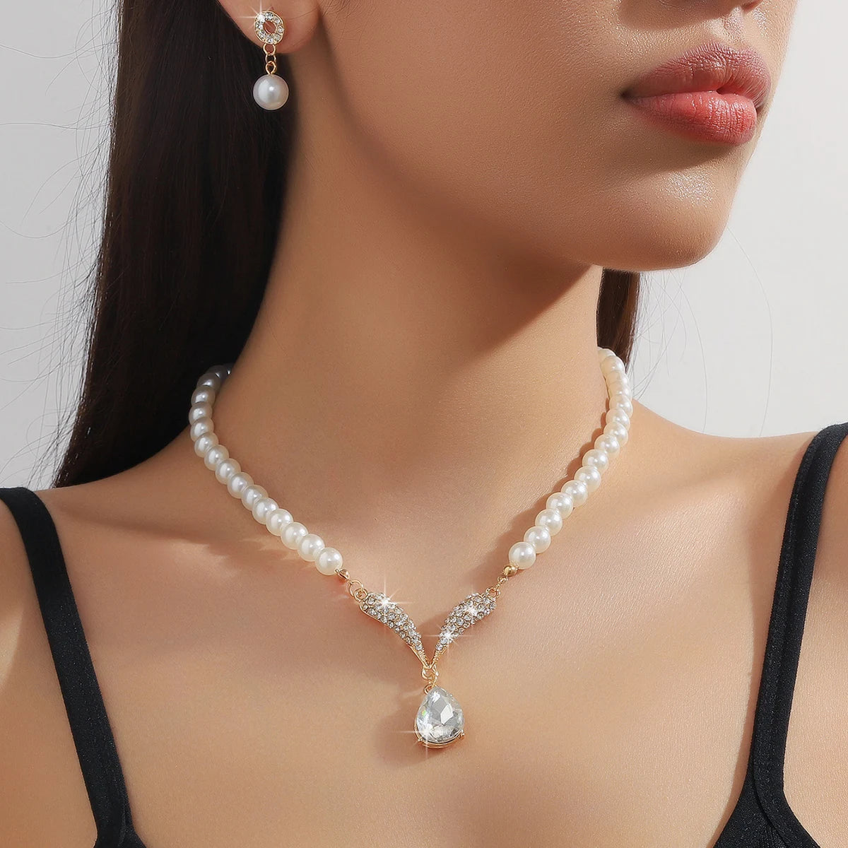 3PC Women's Fashion Trend Pearl Droplet Necklace Earrings Jewelry Set Wedding Banquet Party Festival Gift