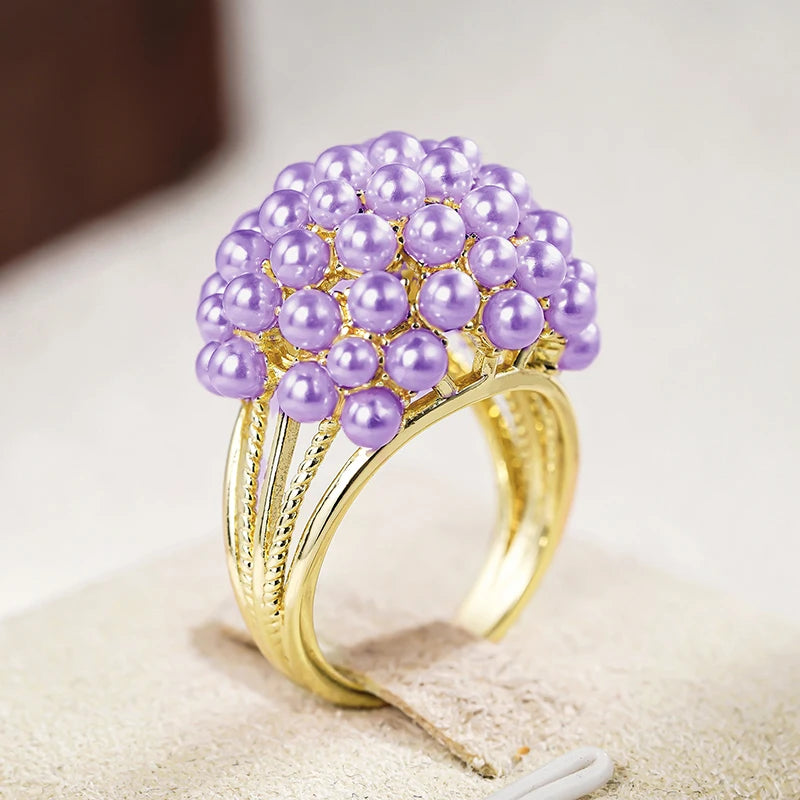 Huitan Luxuriant White/Purple Imitation Pearl Rings for Women Aesthetic Wedding Engagement Accessories Trendy Jewelry Drop Ship
