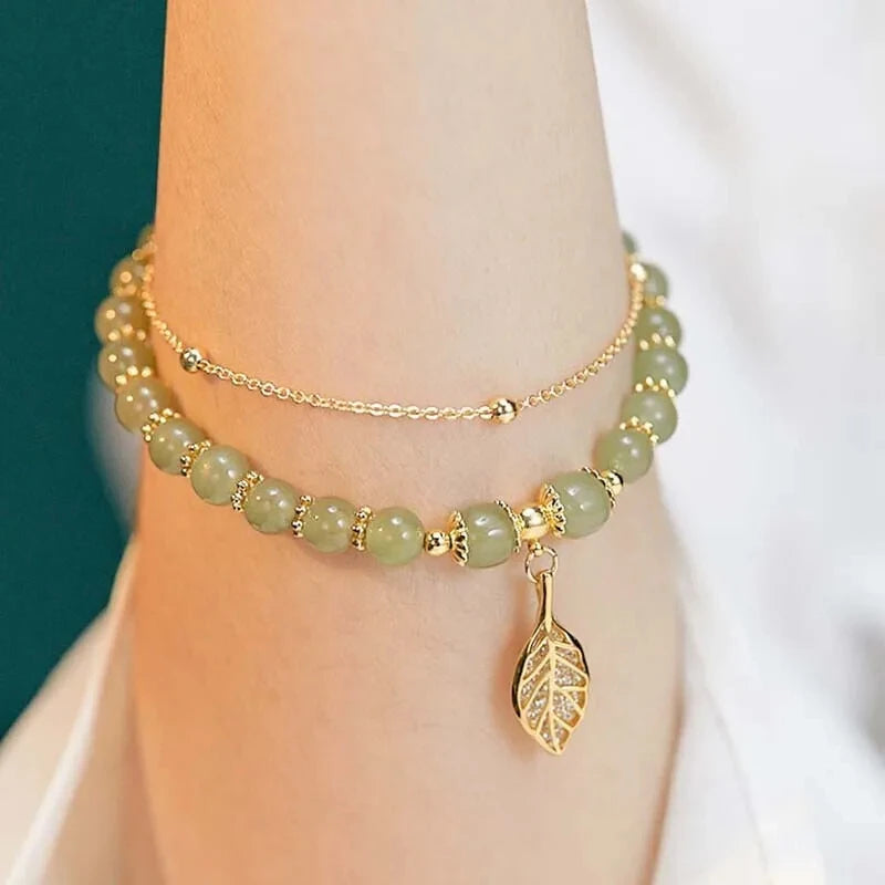 2026Chinese Style Green Jade Bracelet For Women Exquisite Gold Color Leaves Wrist Strap Bangle Double Chain Bracelet Girls Gifts