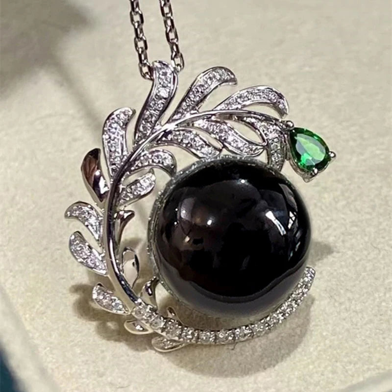 Huitan Aesthetic Branch Design Pendant Necklace with Black Imitation Pearl Pear Green CZ Luxury Trendy Wedding Jewelry for Women
