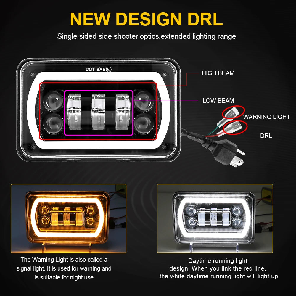 HL 4X6inch Black Square LED Headlight 2Color DRL LED Driving Light For Honda Offroad Trucks Accessories Rectangular Light 12V