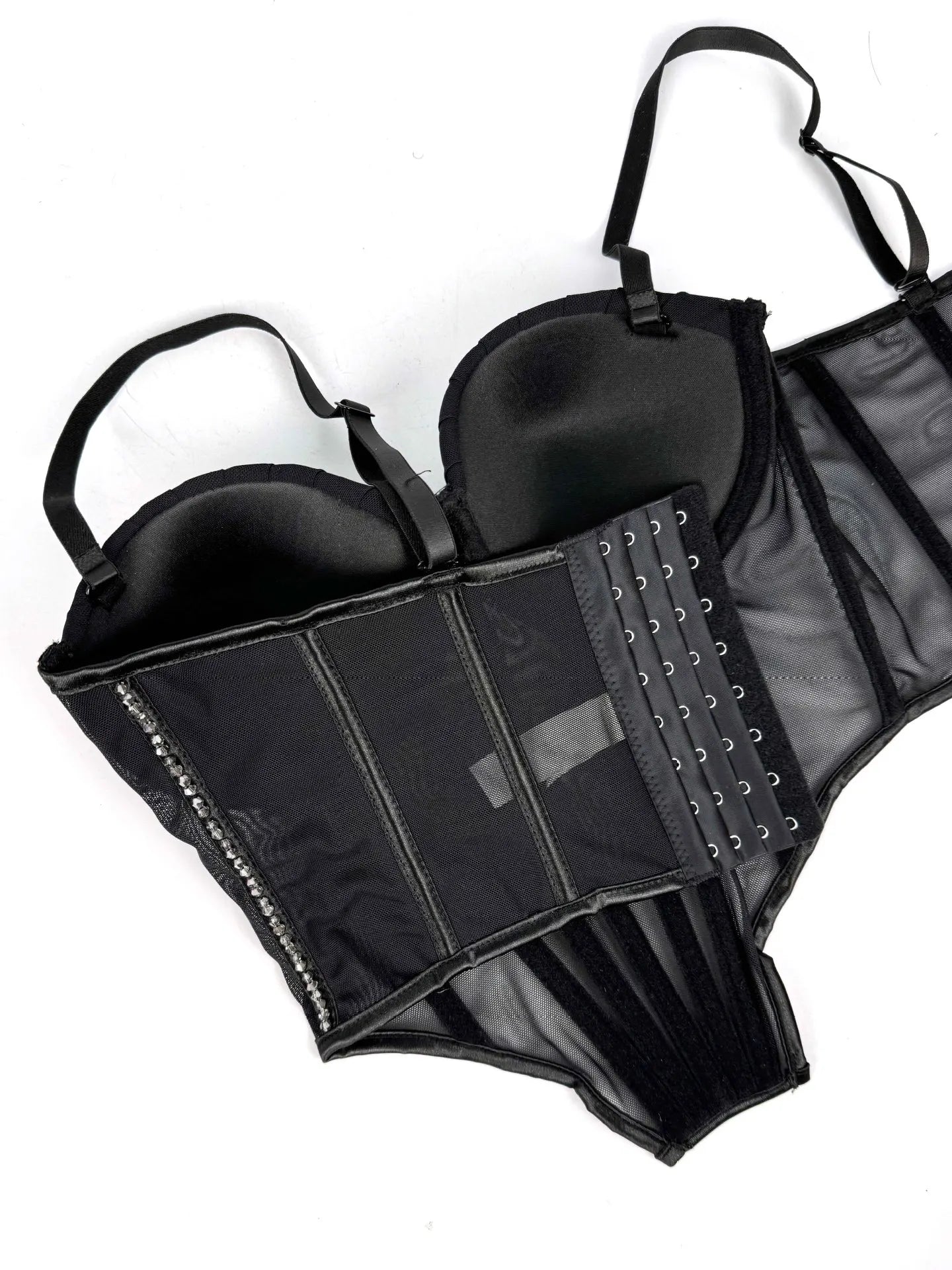 Sexy Mesh Design Camisole Vest Style Ladies Corset Tops with Chest Cushion Sparkling Diamond Decoration Fishbone Lingerie Tops