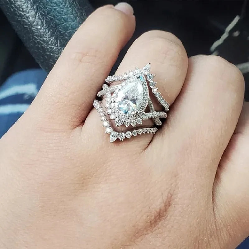Huitan Gorgeous Pear Cubic Zirconia Set Rings for Women New Fashion Wedding Accessories Temperament Female Jewelry Drop Shipping