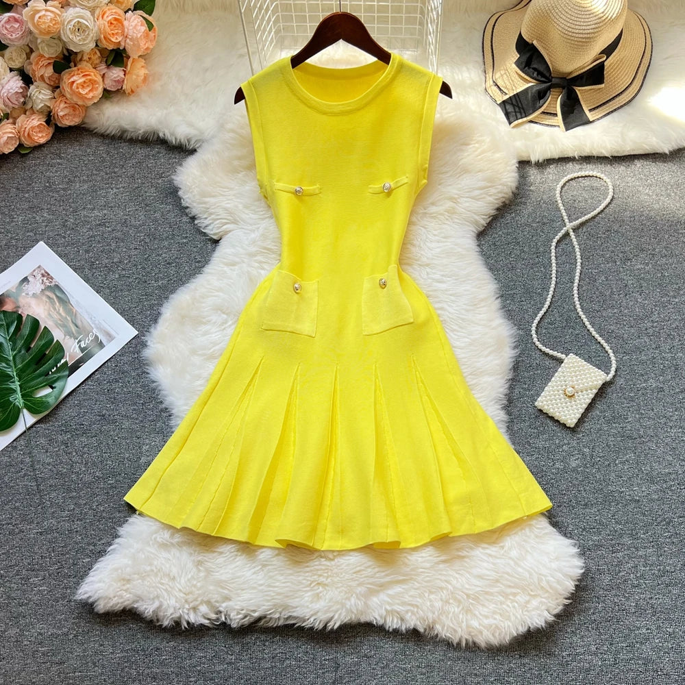 YuooMuoo Chic Fashion 2026 Summer Pleated Short Dress Women O-neck Slim Waist A-line Party Dress Streetwear Lady Outfits Vestido