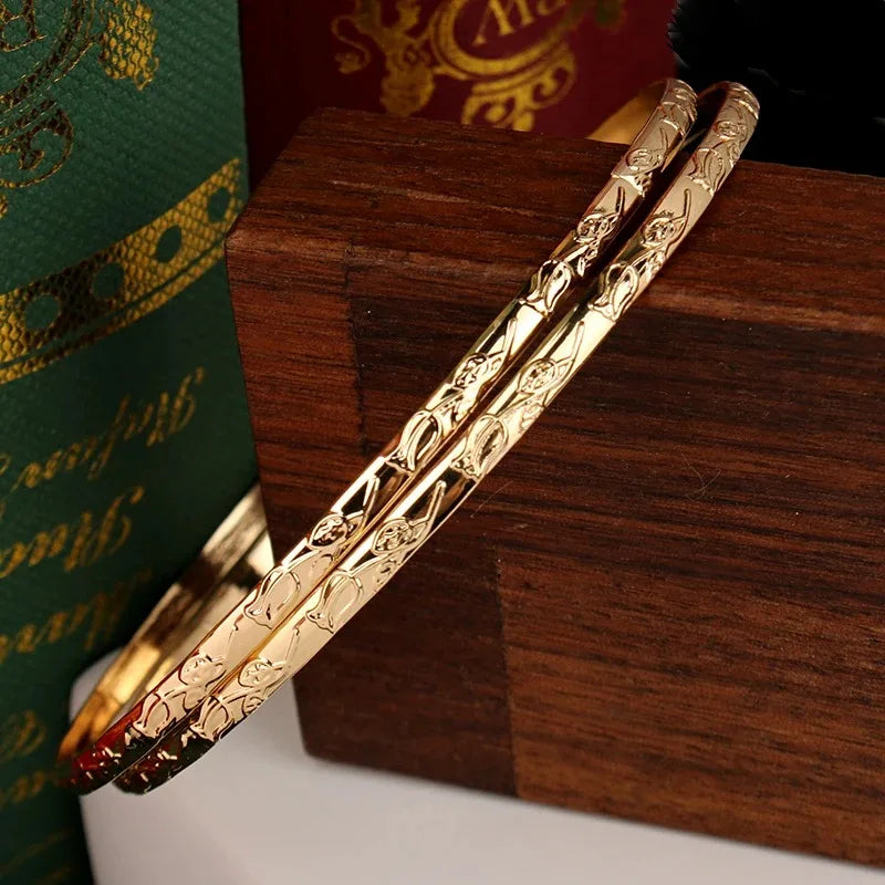 Herseygold Slim Metal Bangles Gold Plated Carved Flower Layered Cuff Bracelet Luxury Bride Jewelry Ethnic Mother Day Gift