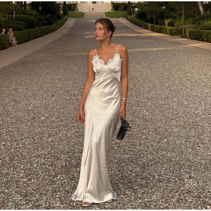 Sexy Satin Sling Maxi Dress Women V-neck Lace Patchwork Sleeveless Backless Slim Dresses 2026 Lady Chic Vacation White Robe