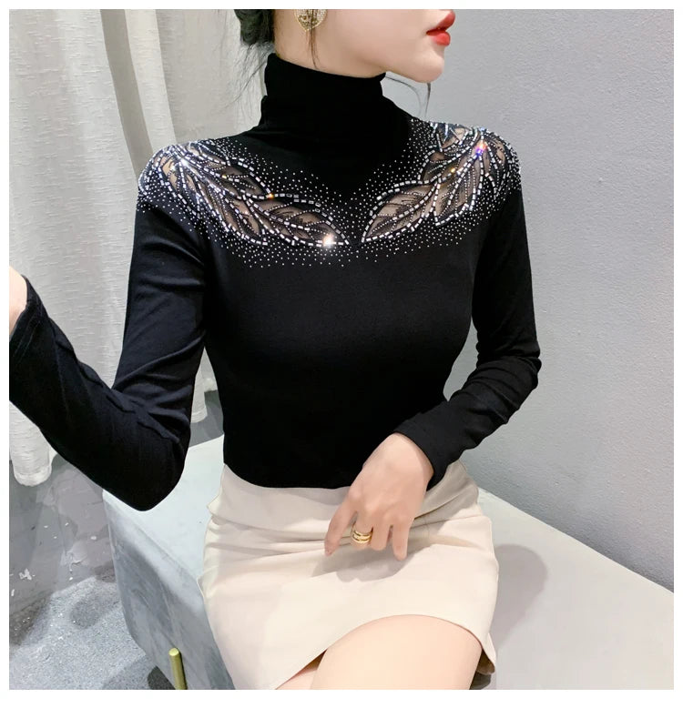 2025 European Station Long Sleeve Women Tees Autumn Winter New Stand collar Hot Diamond T Shirt Fashion Slim Mesh Tops