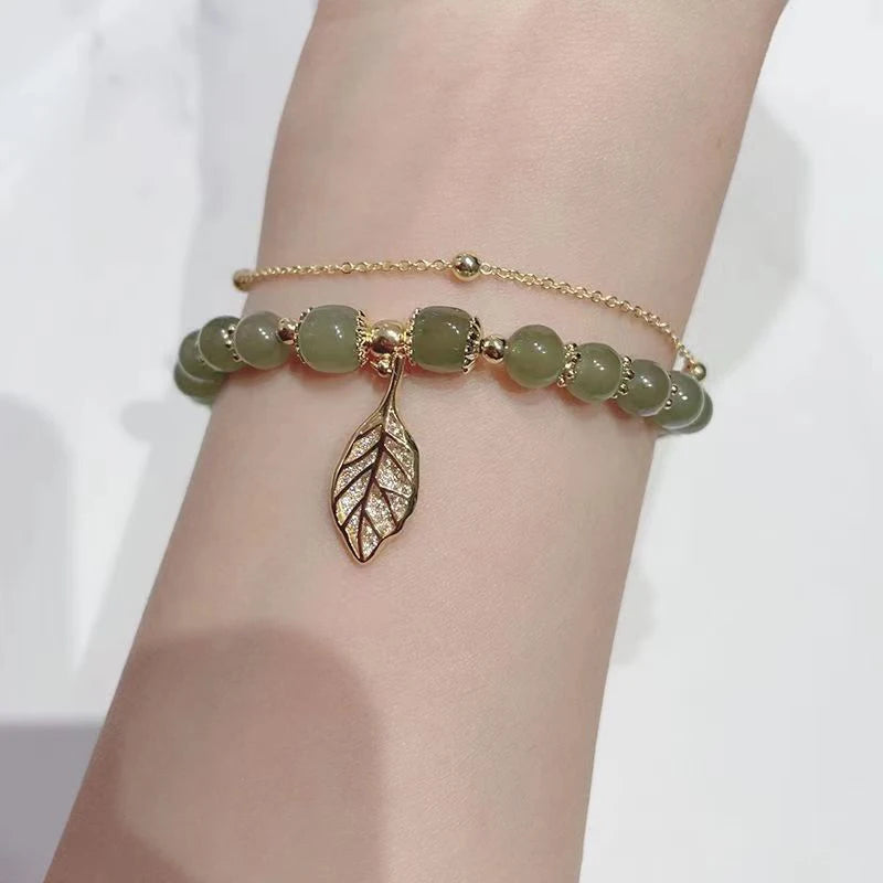 2026Chinese Style Green Jade Bracelet For Women Exquisite Gold Color Leaves Wrist Strap Bangle Double Chain Bracelet Girls Gifts