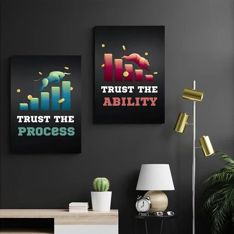 Neon Bulls&Bears Stock Market Trading Quotes Trust The Process and Ability Canvas Poster Wall Pictures Home Office Decor Gift