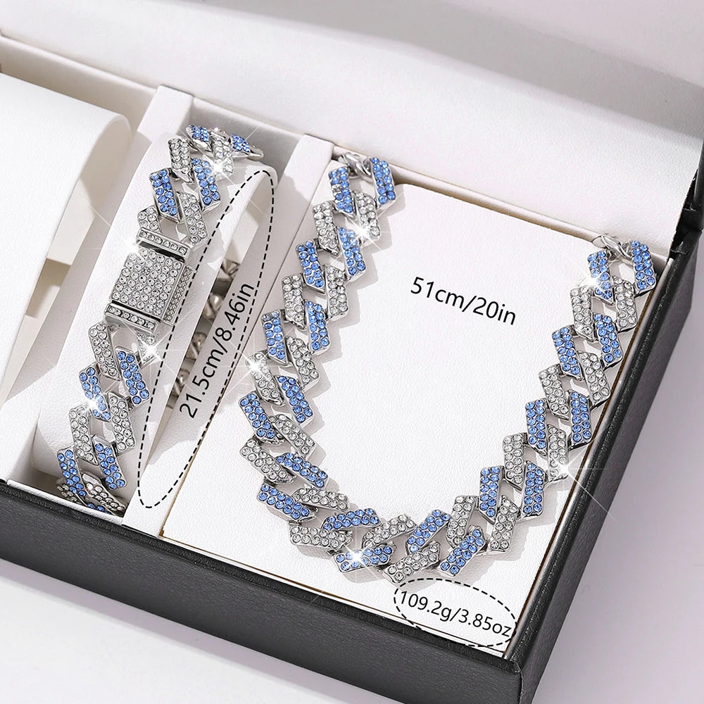 2pcs Jewelry Set Hip Hop Geometric Cuban Chain Neck Fashionable High Quality Hip Hop Rhinestone Neck Bracelet Jewelry holiday gi