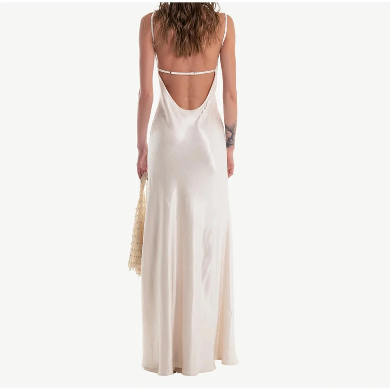 Sexy Satin Sling Maxi Dress Women V-neck Lace Patchwork Sleeveless Backless Slim Dresses 2026 Lady Chic Vacation White Robe