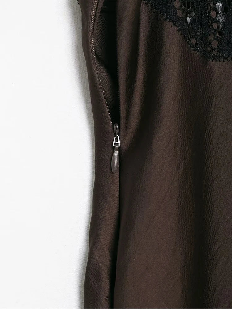 Women Lace Patchwork Sling Dress Casual Solid Color Sleeveless Irregular Hem High Street 2026 Summer Female Holiday Robe New