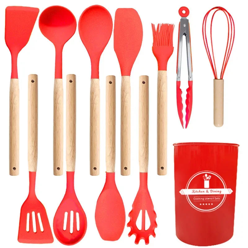 12Pcs/5pcs Silicone Kitchenware Non-Stick Cookware Kitchen Utensils Set Spatula Shovel Egg Beater Wooden Handle Cooking Tool Set