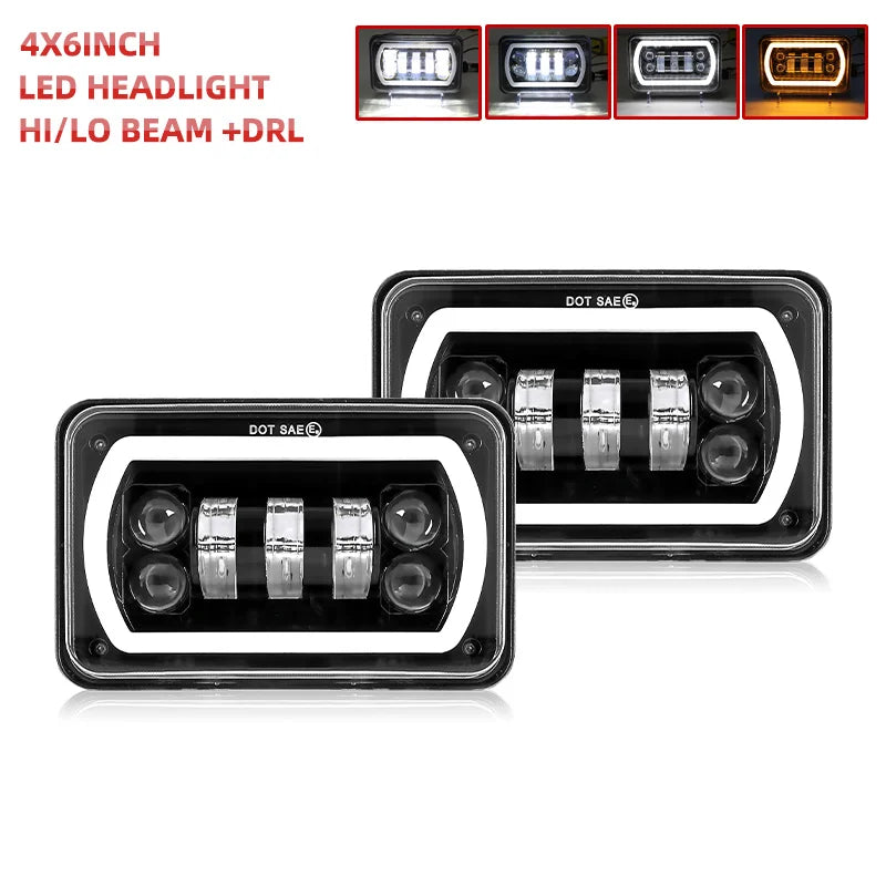 HL 4X6inch Black Square LED Headlight 2Color DRL LED Driving Light For Honda Offroad Trucks Accessories Rectangular Light 12V