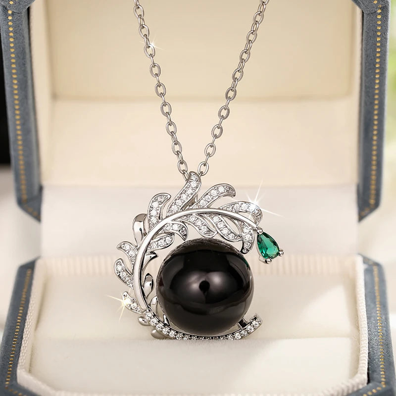 Huitan Aesthetic Branch Design Pendant Necklace with Black Imitation Pearl Pear Green CZ Luxury Trendy Wedding Jewelry for Women