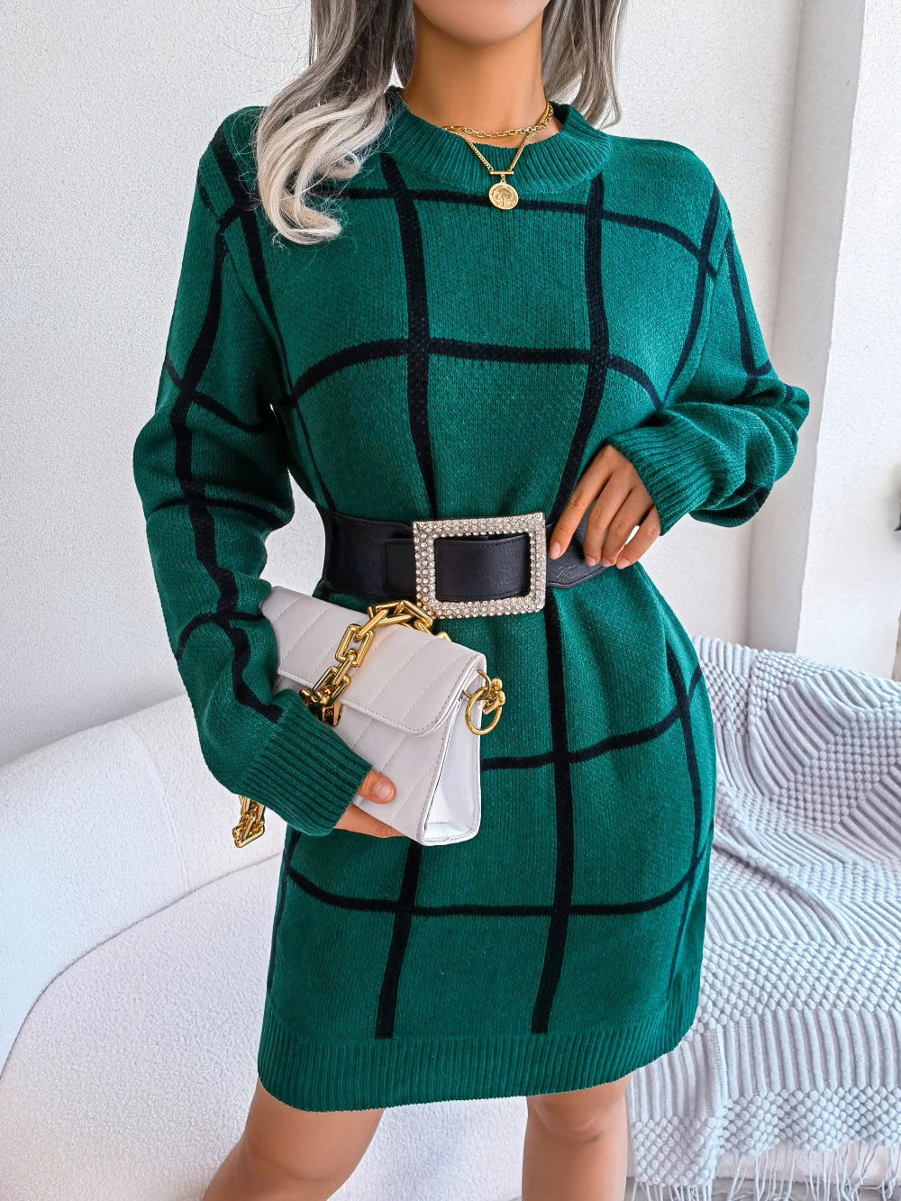 Women Casual Plaid Long Sleeve Knitted Sweater Dress 2026 Autumn Winter Clothes Without The Belt