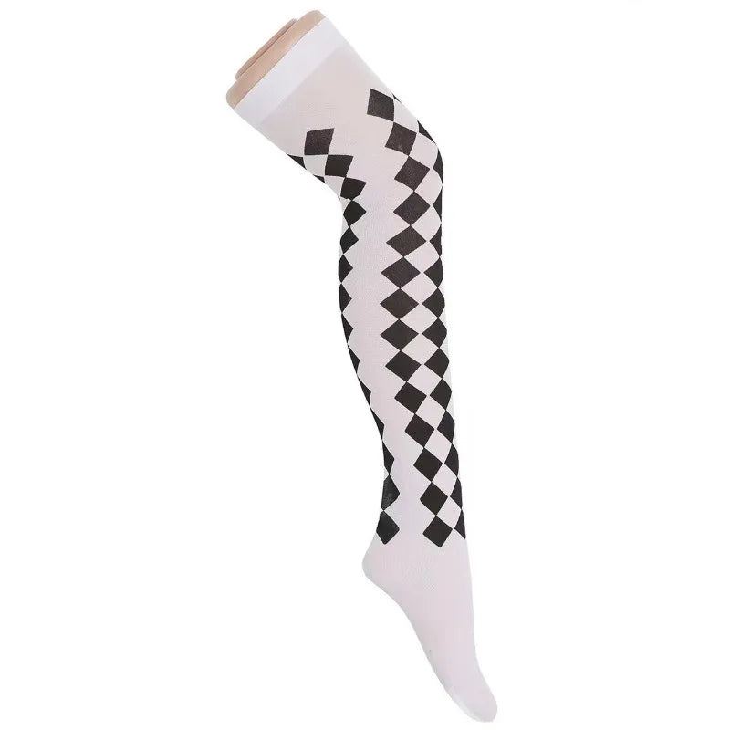 Clown Asymmetrical Striped Printed Over Knee Long Sock Halloween Thigh Highs Stockings Cosplay Costume Tights for Women