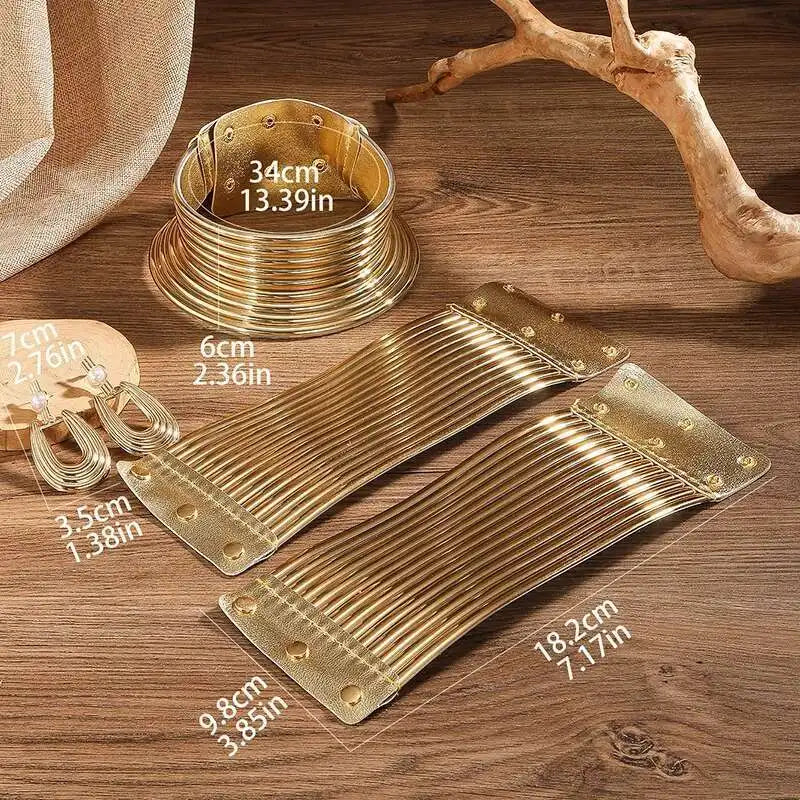 5pcs African Statement Jewelry Set 2025 Trendy Golded Leather Choker Neck Necklace Bracelet Earrings For Women Party Accessories