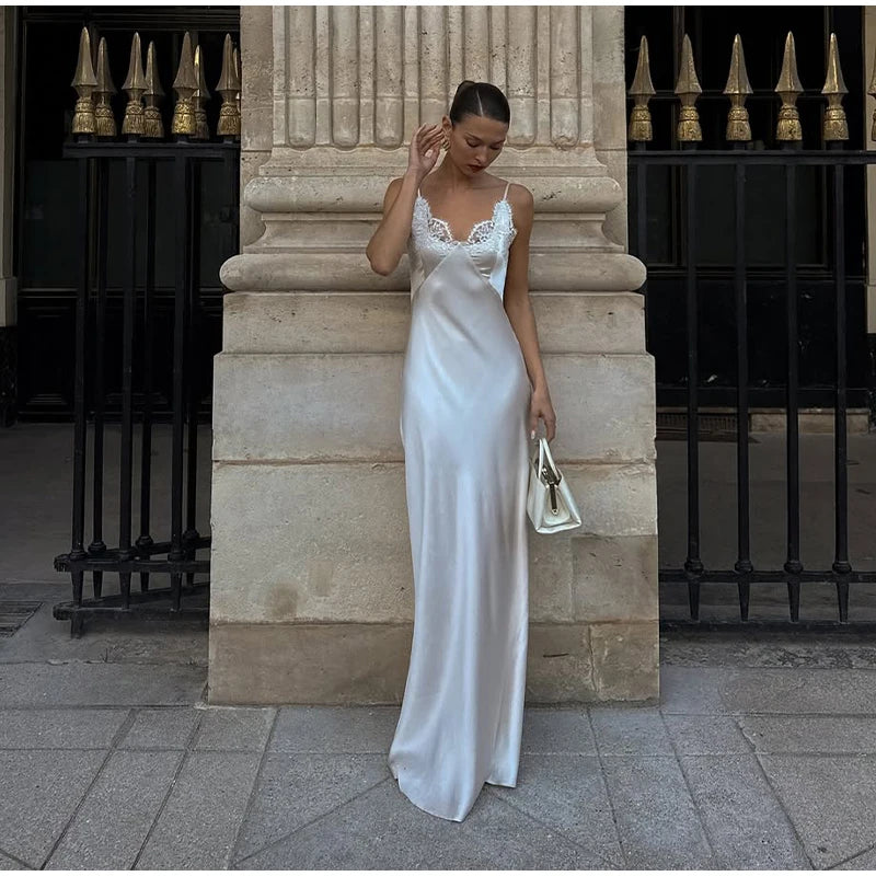 Sexy Satin Sling Maxi Dress Women V-neck Lace Patchwork Sleeveless Backless Slim Dresses 2026 Lady Chic Vacation White Robe