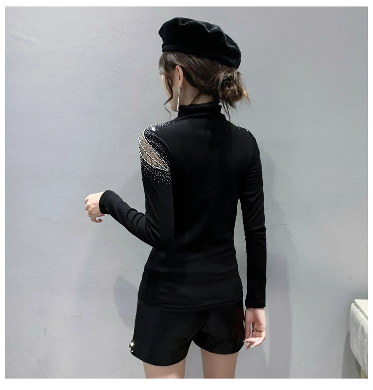 2025 European Station Long Sleeve Women Tees Autumn Winter New Stand collar Hot Diamond T Shirt Fashion Slim Mesh Tops