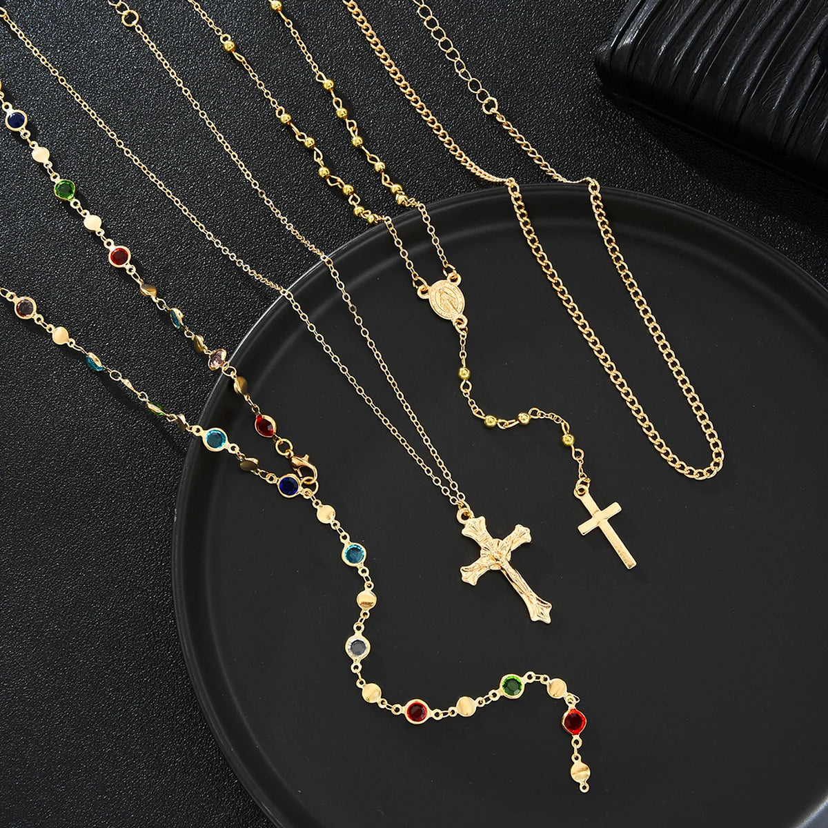 Luxury Rhinestone Cross Pendant Necklace Set for Women Vintage Simple Colorful Crystal Long Y-shaped Necklace Y2K Party Jewelry