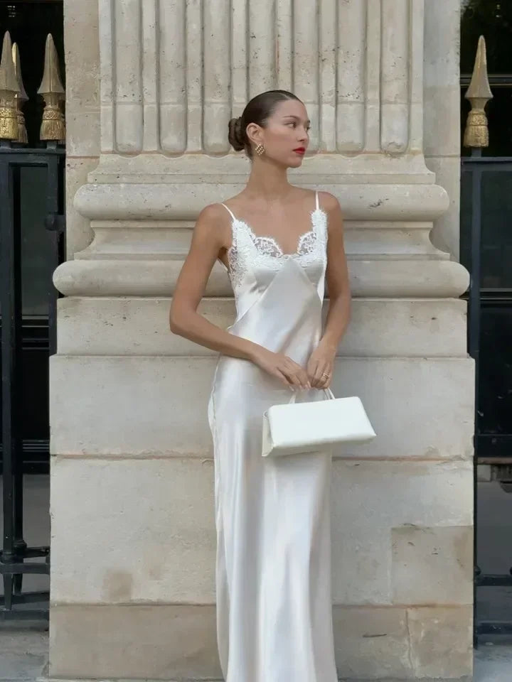 Sexy Satin Sling Maxi Dress Women V-neck Lace Patchwork Sleeveless Backless Slim Dresses 2026 Lady Chic Vacation White Robe