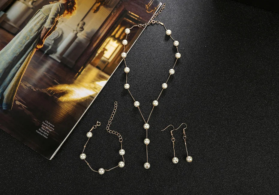 4pcs Gold-color Necklace Earring Bracelet Set Ladies Elegant Imitation-Pearls Collection Temperament Tassel Jewelry