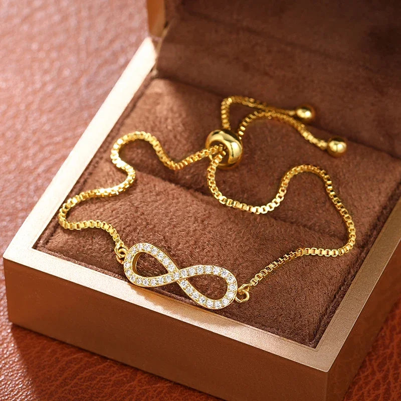 Huitan Elegant Infinity Shaped Bracelet for Women Gold Color Adjustable Box Chain Dazzling CZ Temperament Female Hand Jewelry