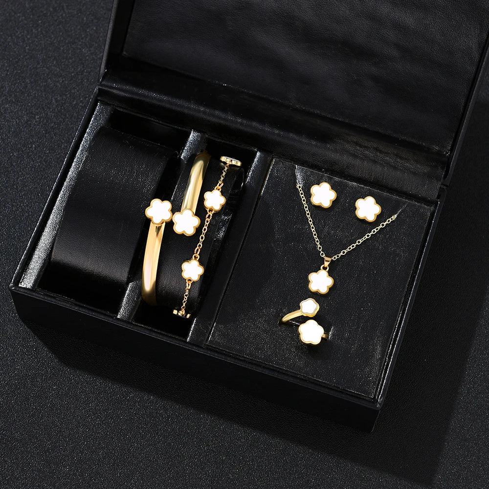 5pcs Lucky Five-petal Flower Women's Jewelry Set, Fashion Flower Bracelet + Necklace + Earrings + Bracelet + Ring, Birthday, Ann