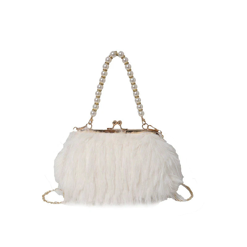 French Square Evening Banquet Bag Handle Pearls Plush Handbag Large Capacity Lock Buckle Shoulder Crossbody Bag Wedding