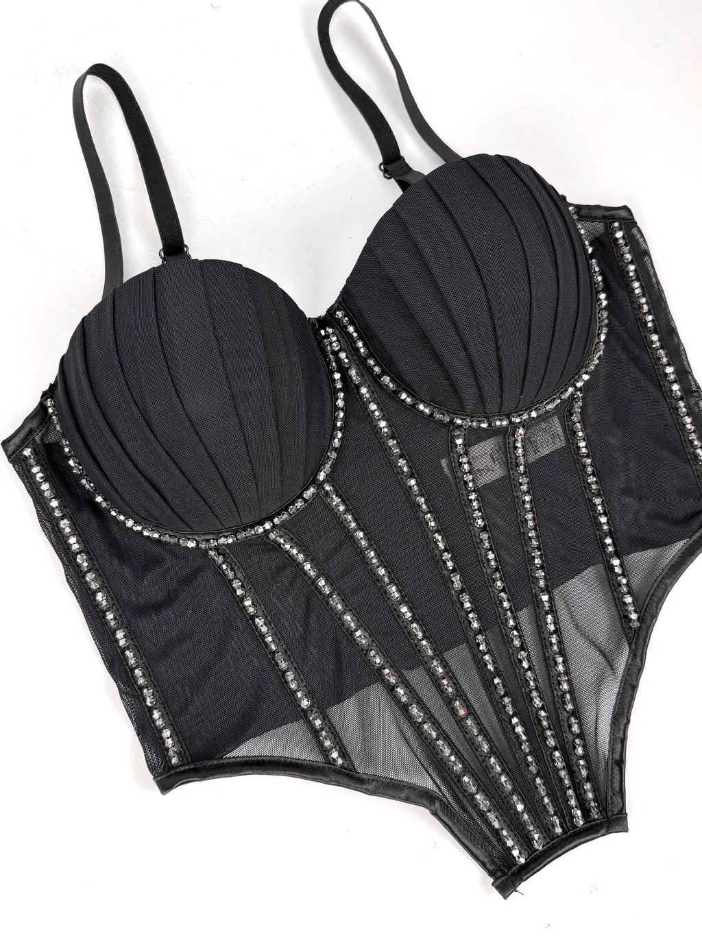 Sexy Mesh Design Camisole Vest Style Ladies Corset Tops with Chest Cushion Sparkling Diamond Decoration Fishbone Lingerie Tops