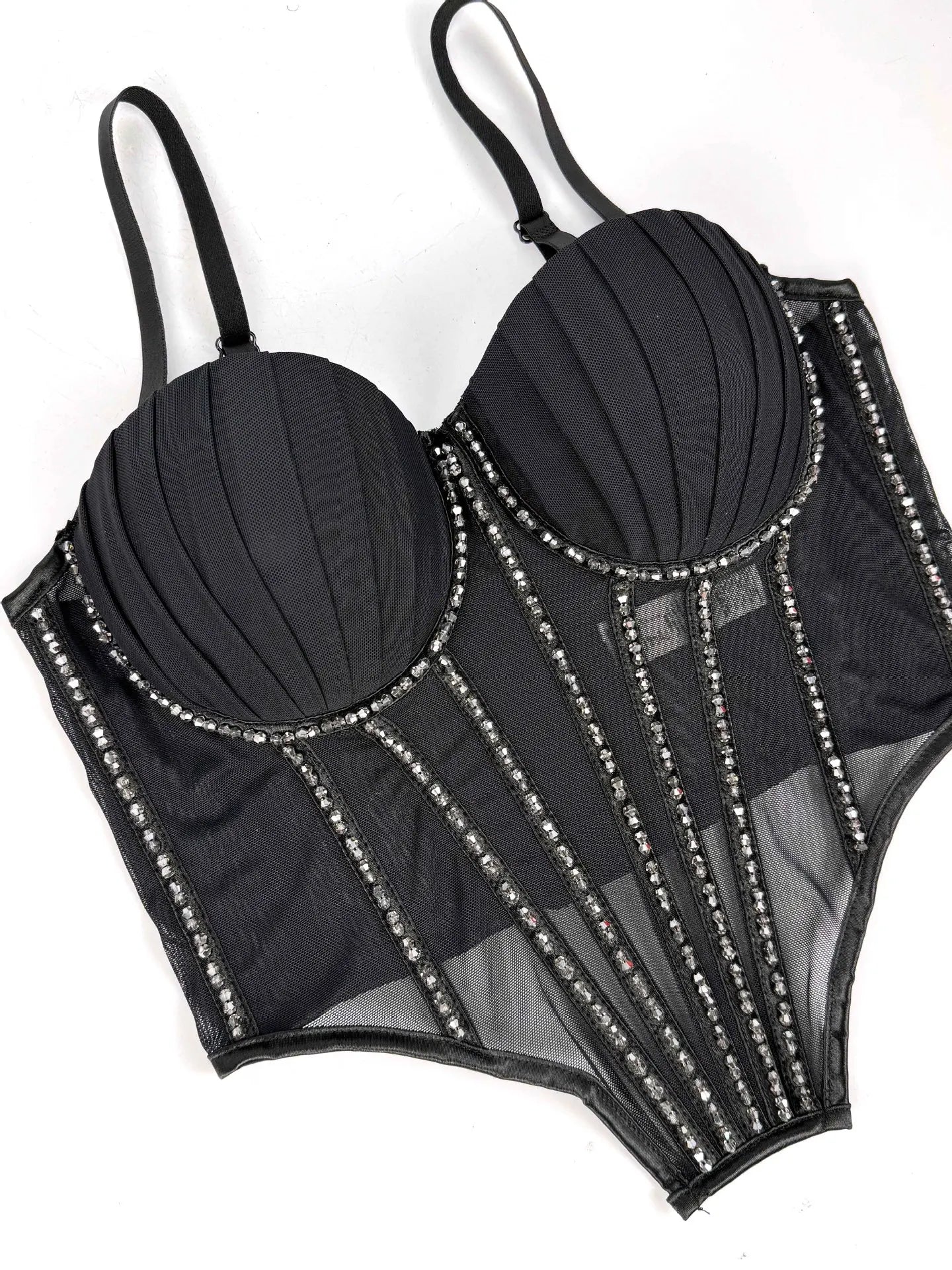 Sexy Mesh Design Camisole Vest Style Ladies Corset Tops with Chest Cushion Sparkling Diamond Decoration Fishbone Lingerie Tops