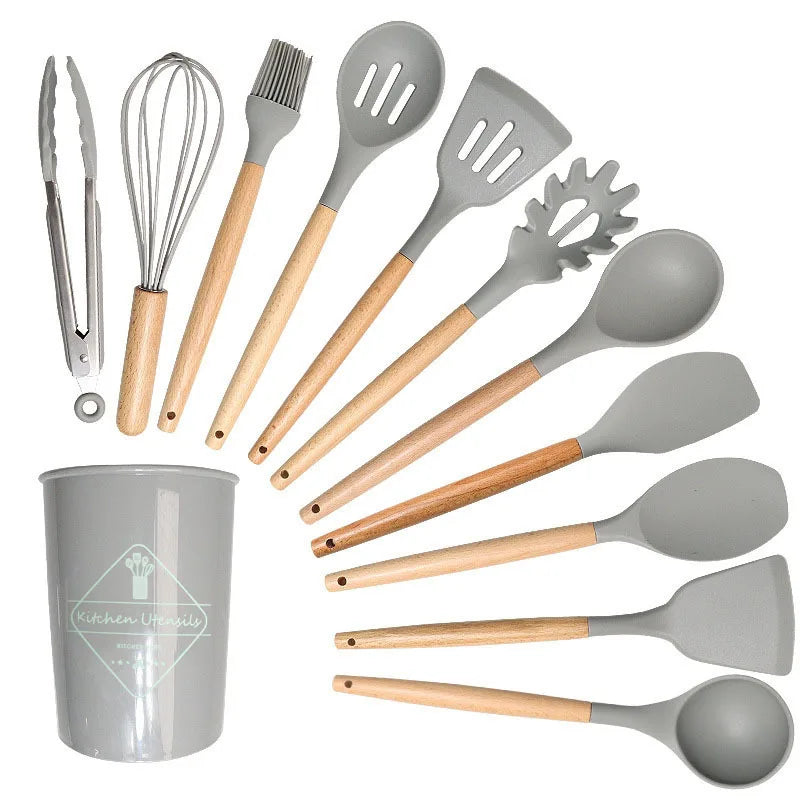 12Pcs/5pcs Silicone Kitchenware Non-Stick Cookware Kitchen Utensils Set Spatula Shovel Egg Beater Wooden Handle Cooking Tool Set