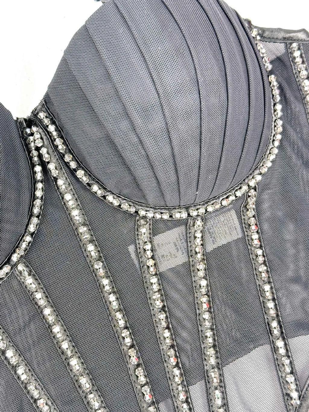 Sexy Mesh Design Camisole Vest Style Ladies Corset Tops with Chest Cushion Sparkling Diamond Decoration Fishbone Lingerie Tops