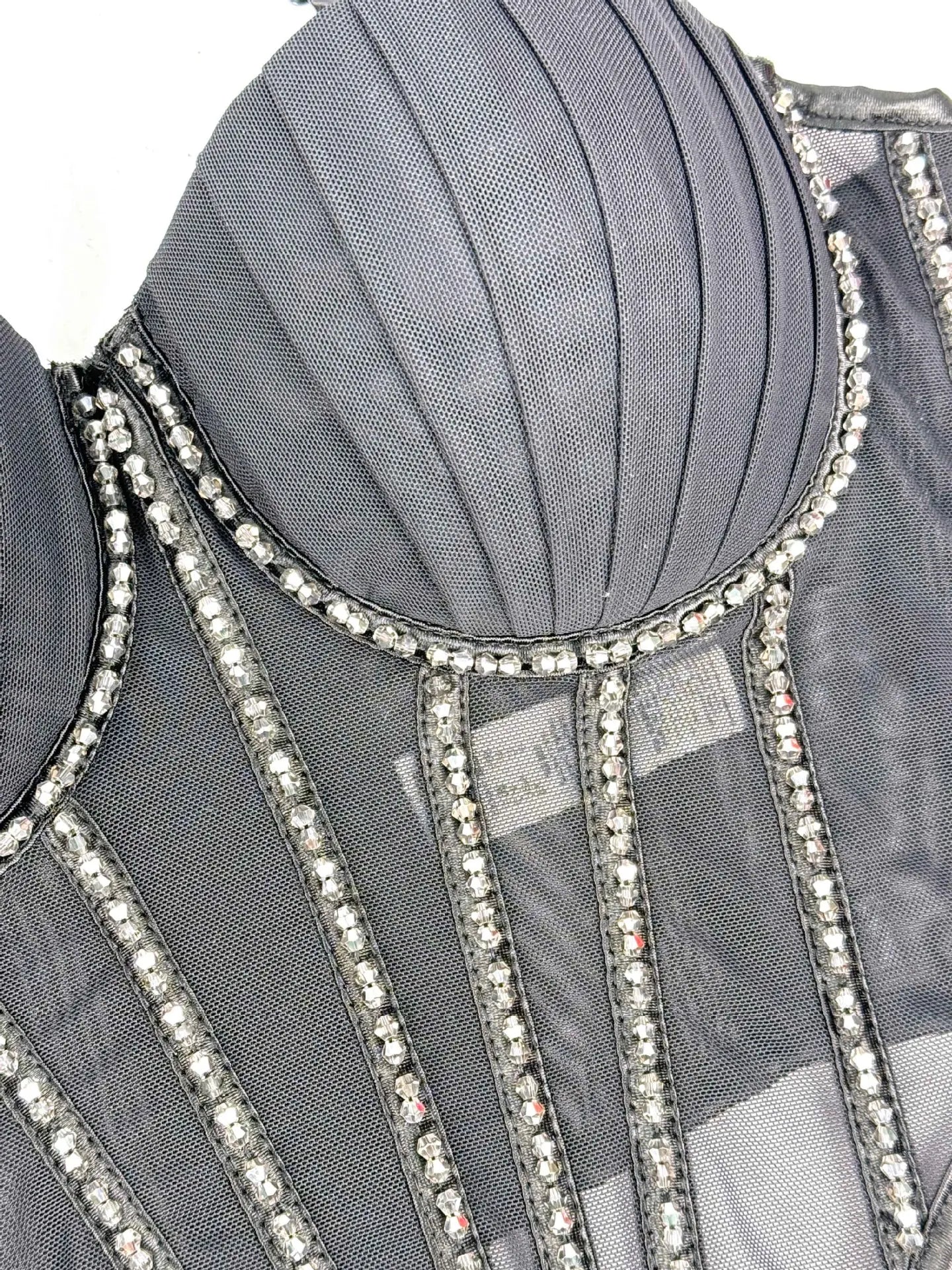 Sexy Mesh Design Camisole Vest Style Ladies Corset Tops with Chest Cushion Sparkling Diamond Decoration Fishbone Lingerie Tops