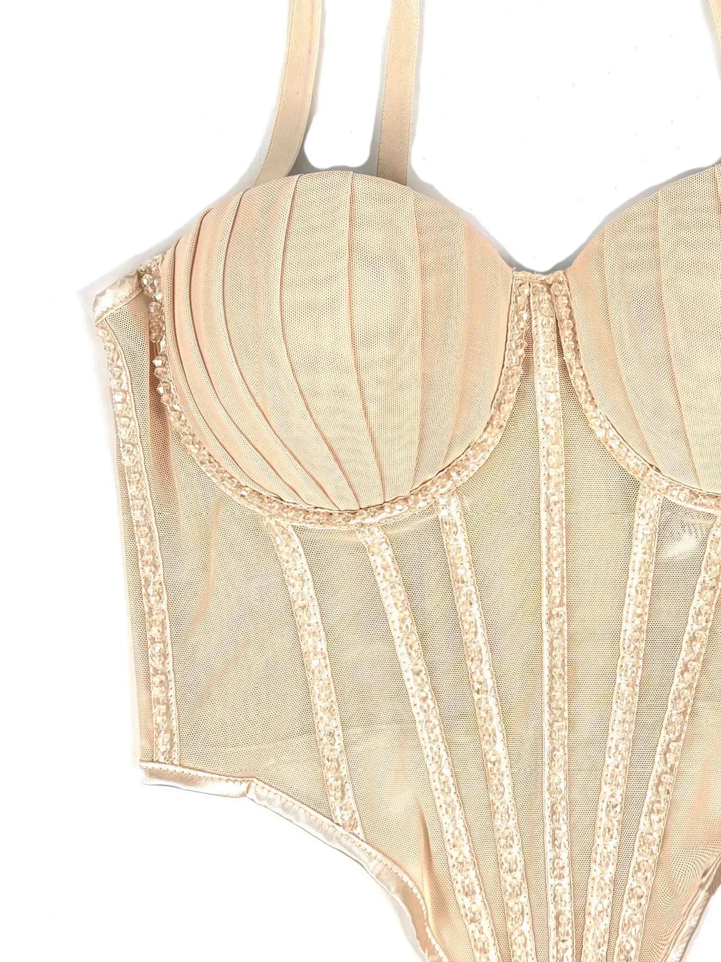 Sexy Mesh Design Camisole Vest Style Ladies Corset Tops with Chest Cushion Sparkling Diamond Decoration Fishbone Lingerie Tops