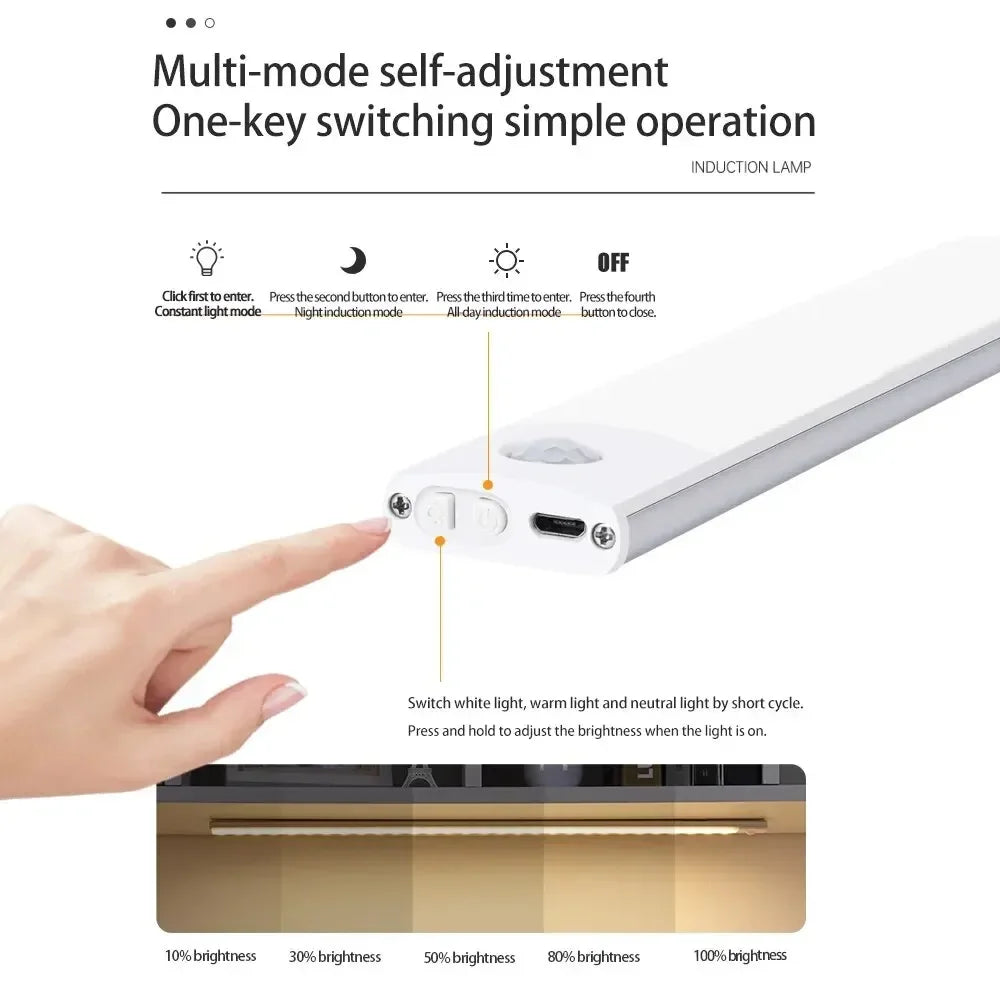 LED Bar Light Under Cabinet Lighting Motion Sensor USB Rechargeable Magnetic for Kitchen Closet Night Light