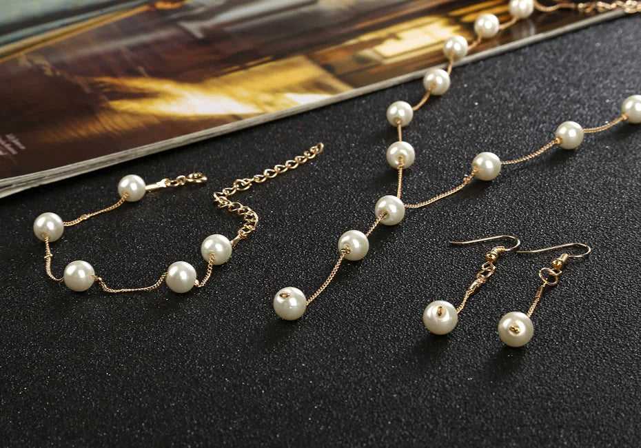 4pcs Gold-color Necklace Earring Bracelet Set Ladies Elegant Imitation-Pearls Collection Temperament Tassel Jewelry