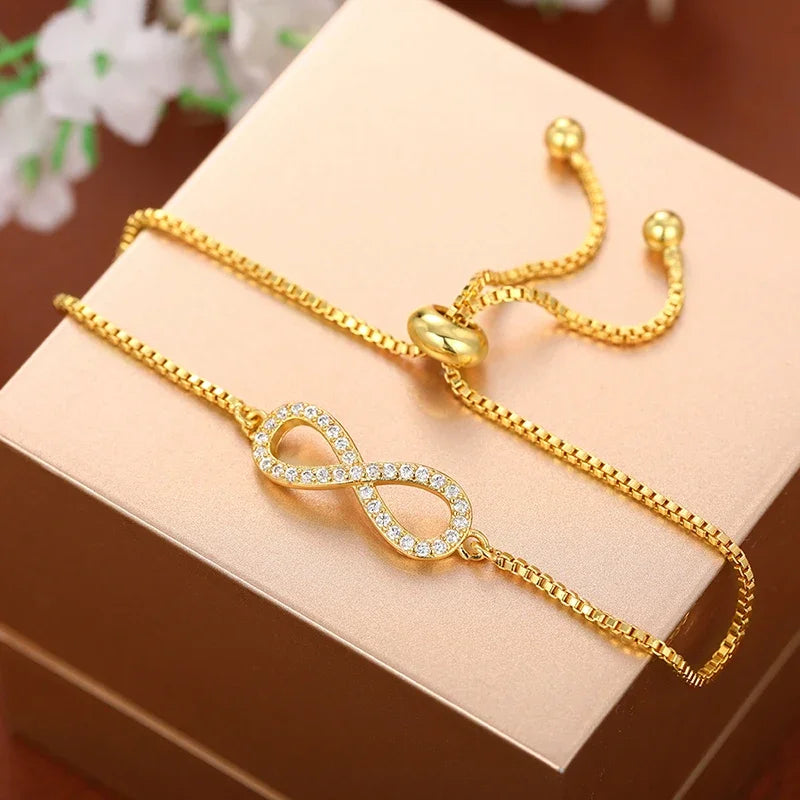 Huitan Elegant Infinity Shaped Bracelet for Women Gold Color Adjustable Box Chain Dazzling CZ Temperament Female Hand Jewelry