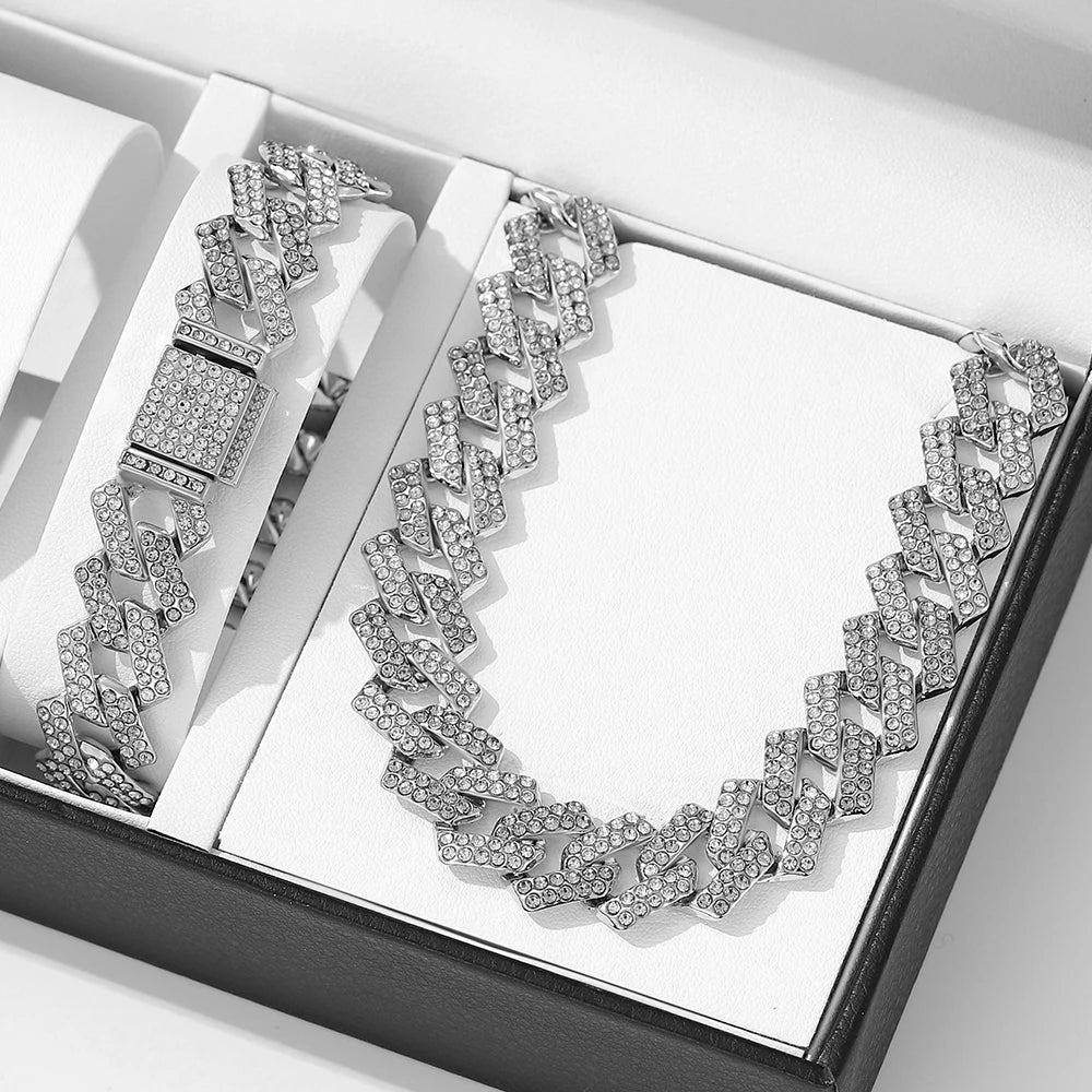 2pcs Jewelry Set Hip Hop Geometric Cuban Chain Neck Fashionable High Quality Hip Hop Rhinestone Neck Bracelet Jewelry holiday gi