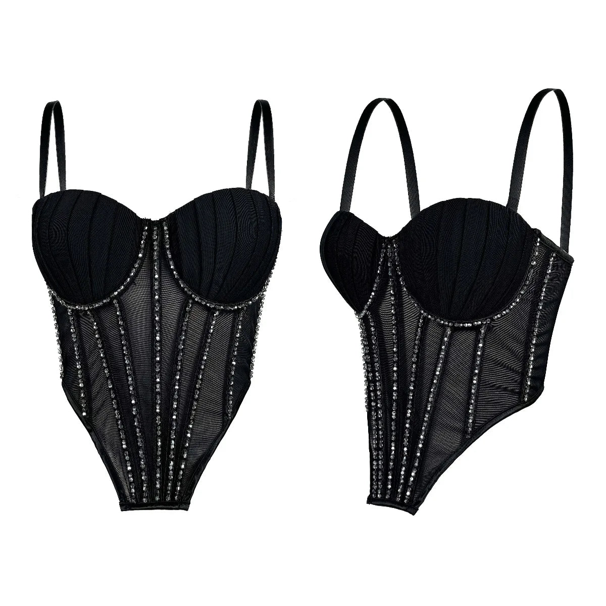 Sexy Mesh Design Camisole Vest Style Ladies Corset Tops with Chest Cushion Sparkling Diamond Decoration Fishbone Lingerie Tops