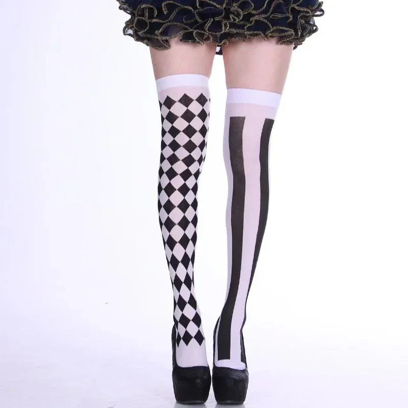 Clown Asymmetrical Striped Printed Over Knee Long Sock Halloween Thigh Highs Stockings Cosplay Costume Tights for Women