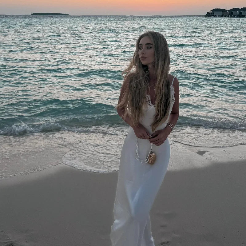 Sexy Satin Sling Maxi Dress Women V-neck Lace Patchwork Sleeveless Backless Slim Dresses 2026 Lady Chic Vacation White Robe
