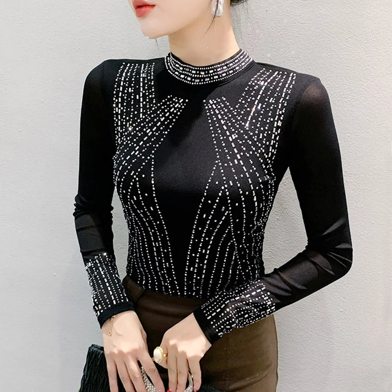 2025 European Station Long Sleeve Women Tees Autumn Winter New Stand collar Hot Diamond T Shirt Fashion Slim Mesh Tops
