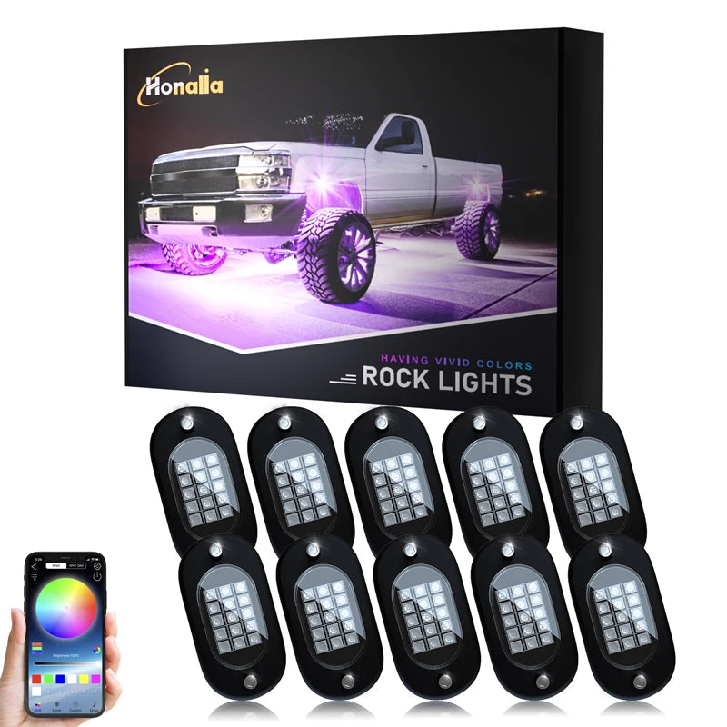 Honalia LED Rock Lights for Trucks 4/6/8/10/12 Pods RGB Truck Rock Lights Kits with App Control for ATV UTV RZR